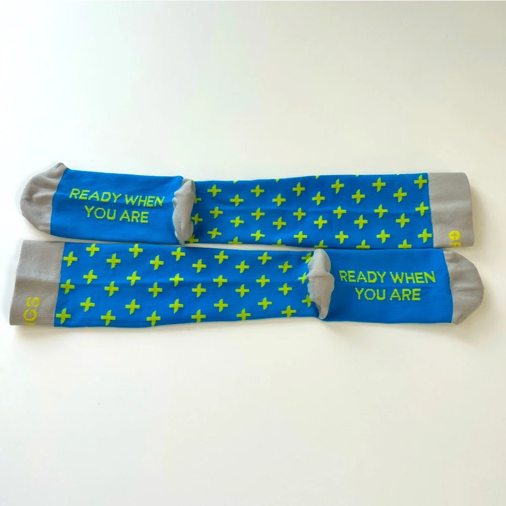 FIGS New READY WHEN YOU ARE Compression Socks Small Aqua Blue Yellow Grey